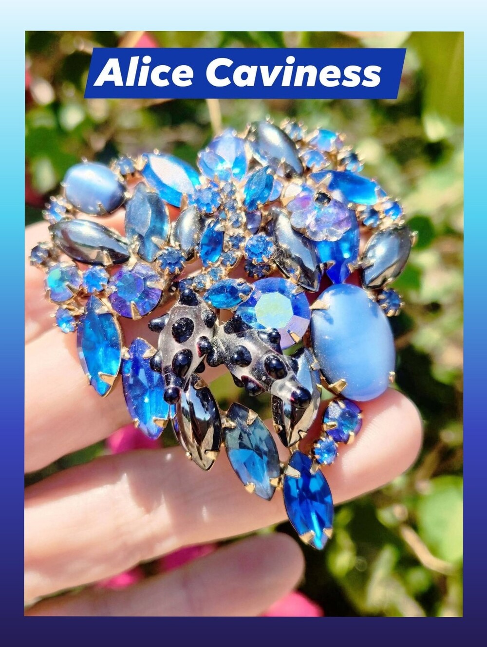 Vintage Alice Caviness Unsigned Blue Rhinestone Heart & Art Glass Brooch